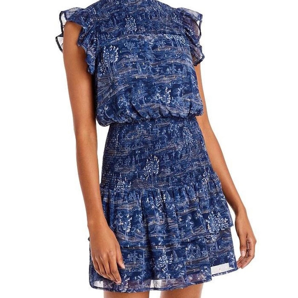 AQUA Smocked Mock Neck Blue Mini Dress Tiered Ruffle Metallic Sz Medium